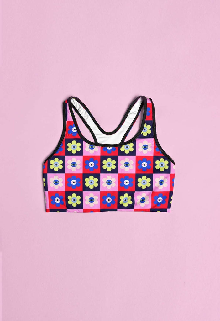 Eye Flower Checkered Print Sports Bra - HAYLEY ELSAESSER 